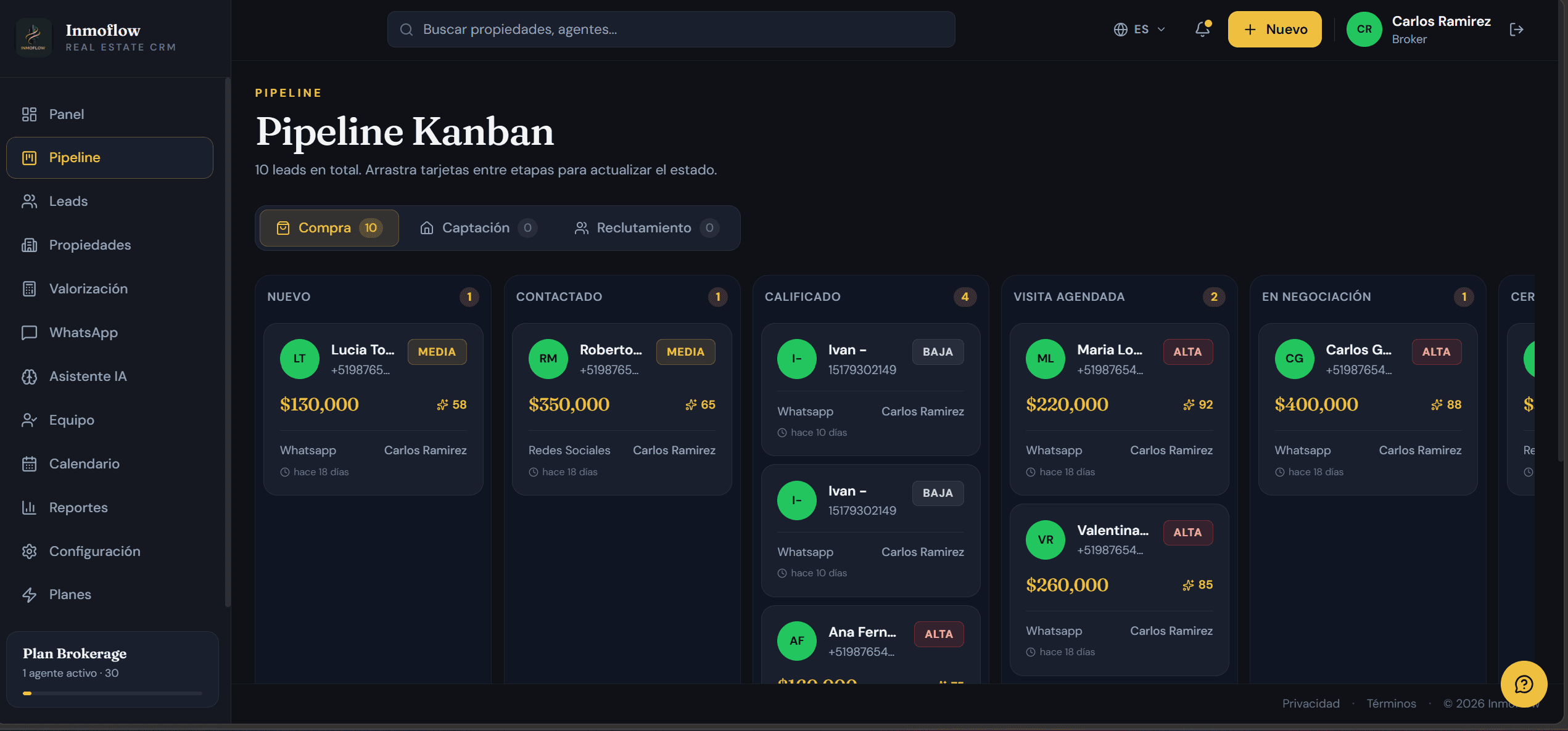 Captura real de InmoFlow — CRM inmobiliario