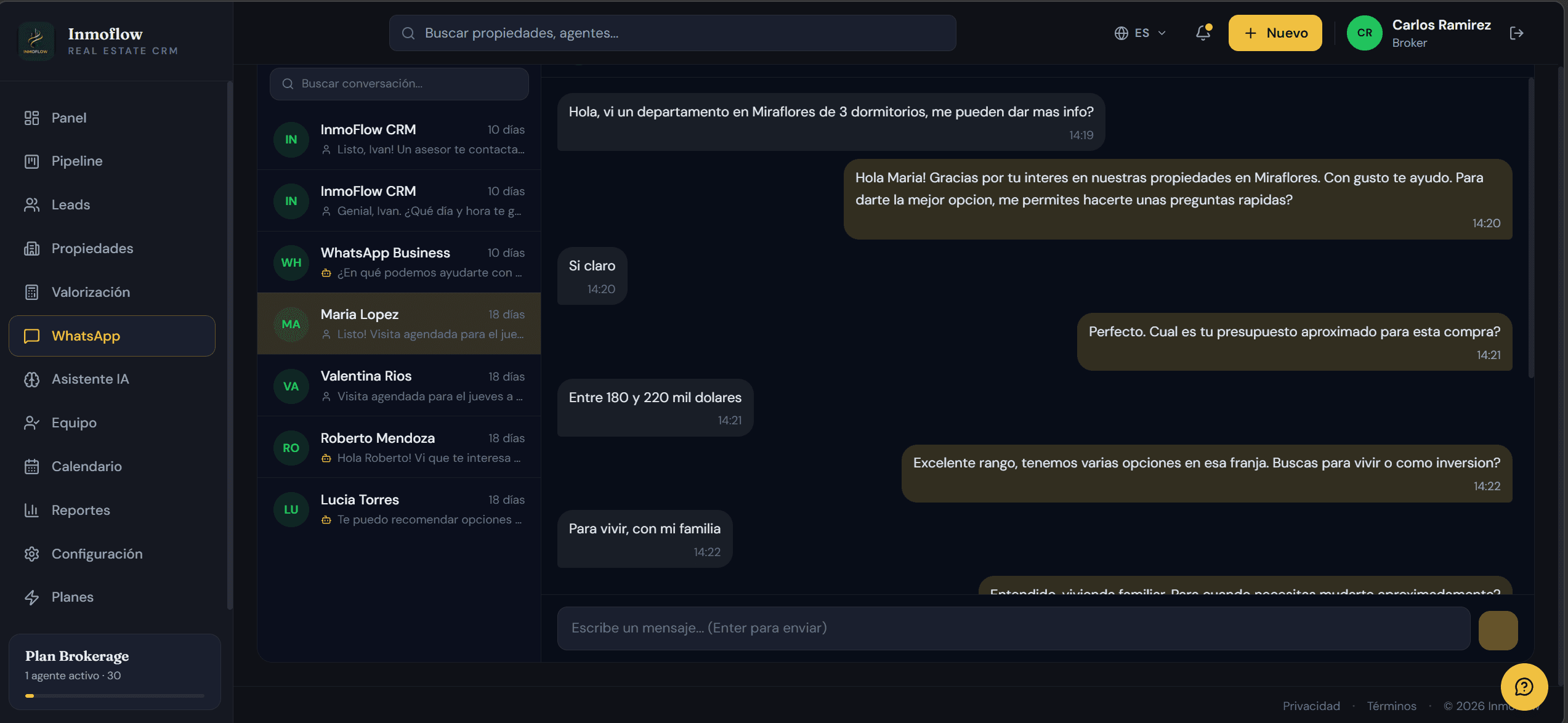 Captura real de InmoFlow — CRM inmobiliario
