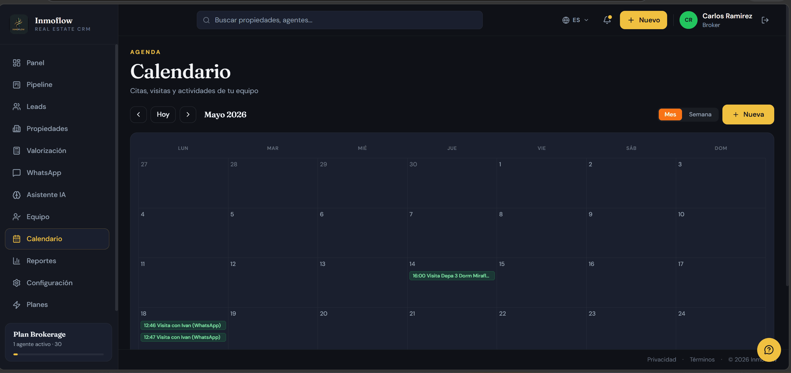 Captura real de InmoFlow — CRM inmobiliario